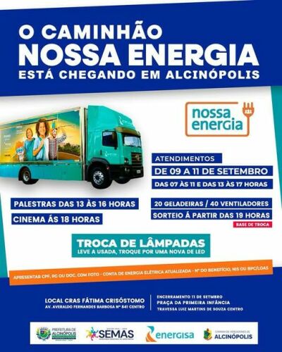 Imagem da notícia Caminhão Nossa Energia chega a Alcinópolis com atendimentos, sorteios, cinema e troca de lâmpadas